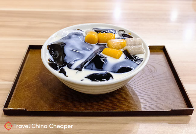 Bowl of taro jelly and fruit