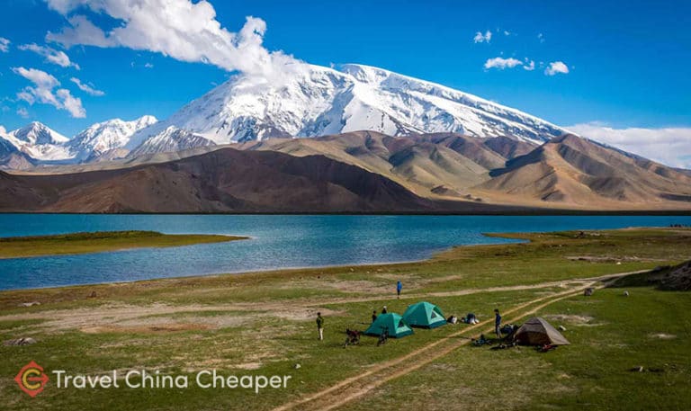 China camping tents at Xinjiang's Karakul Lake