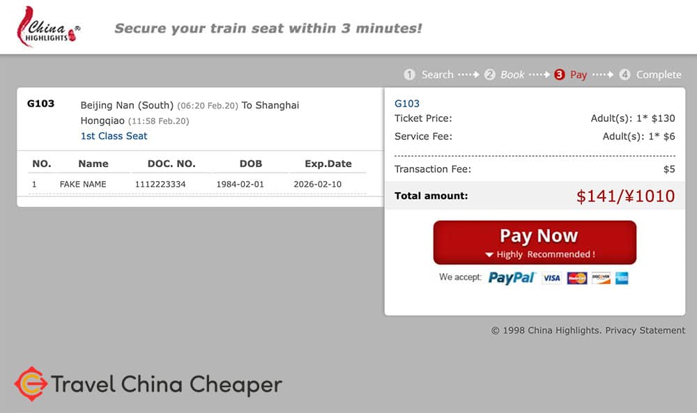 China Highlights train ticket payment page