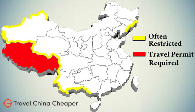 A map of the various China travel restrictions