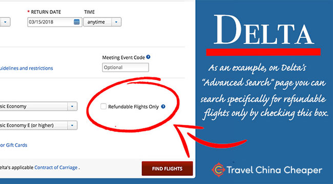 Example of a refundable ticket option on Delta's website