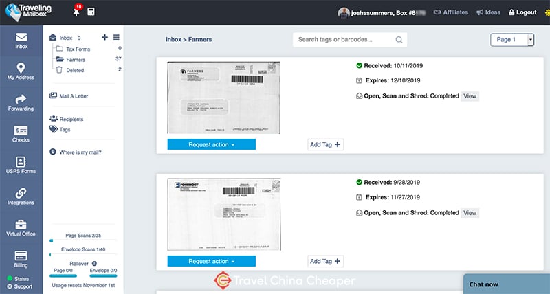 My Traveling Mailbox dashboard on desktop