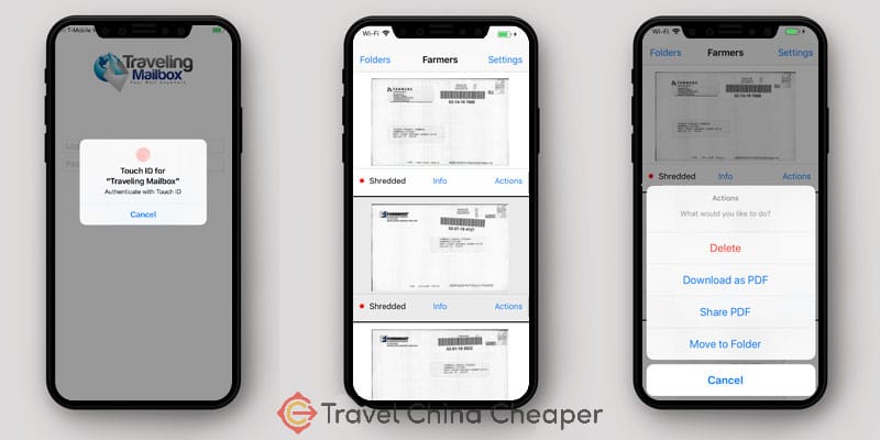Screenshots from the Traveling Mailbox mobile app