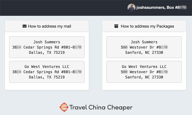 An example of my virtual mailbox address from Traveling Mailbox