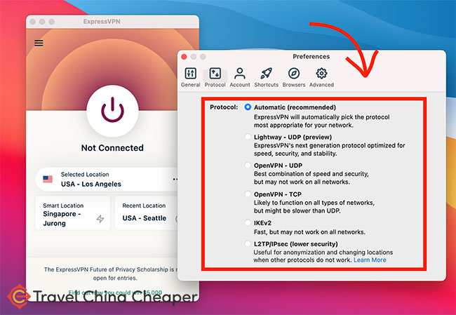 Protocols available with ExpressVPN