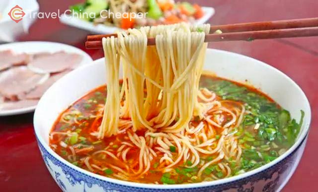 Lanzhou beef noodles (兰州牛肉面) are a tasty dish from western China.