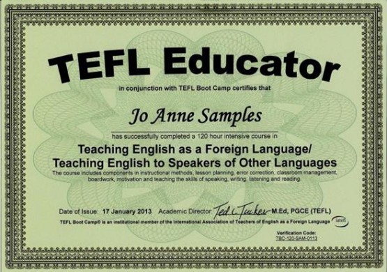 A sample TEFL teaching certificate for teaching English in China