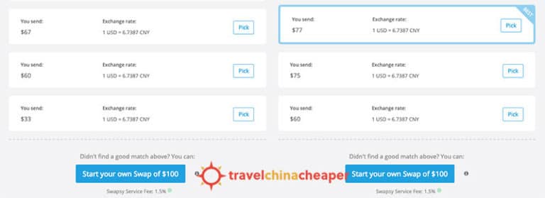 Swapsy screenshot showing a choice of exchanges or starting your own swap to add money to WeChat Wallet.