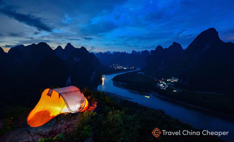 Beautiful scenery in Guilin, China with a tent for camping.