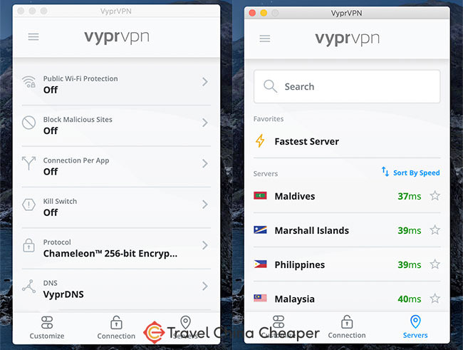 VyrpVPN settings and servers desktop screenshots