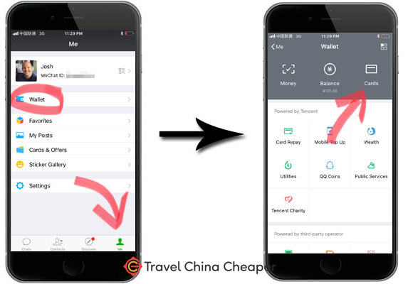 WeChat Pay screenshots showing where to add a card to your wallet